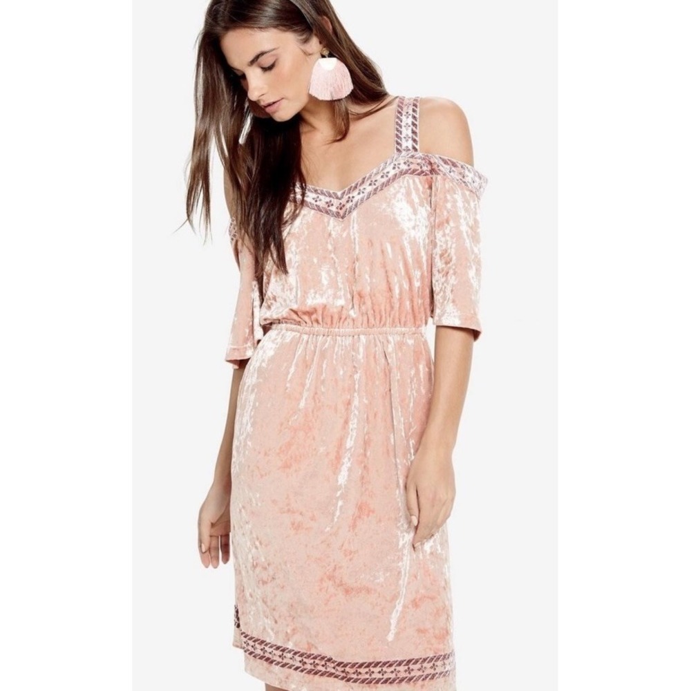 Lucky Brand Velvet Cold Shoulder Dress XS Blush Pink Embroidered Trim